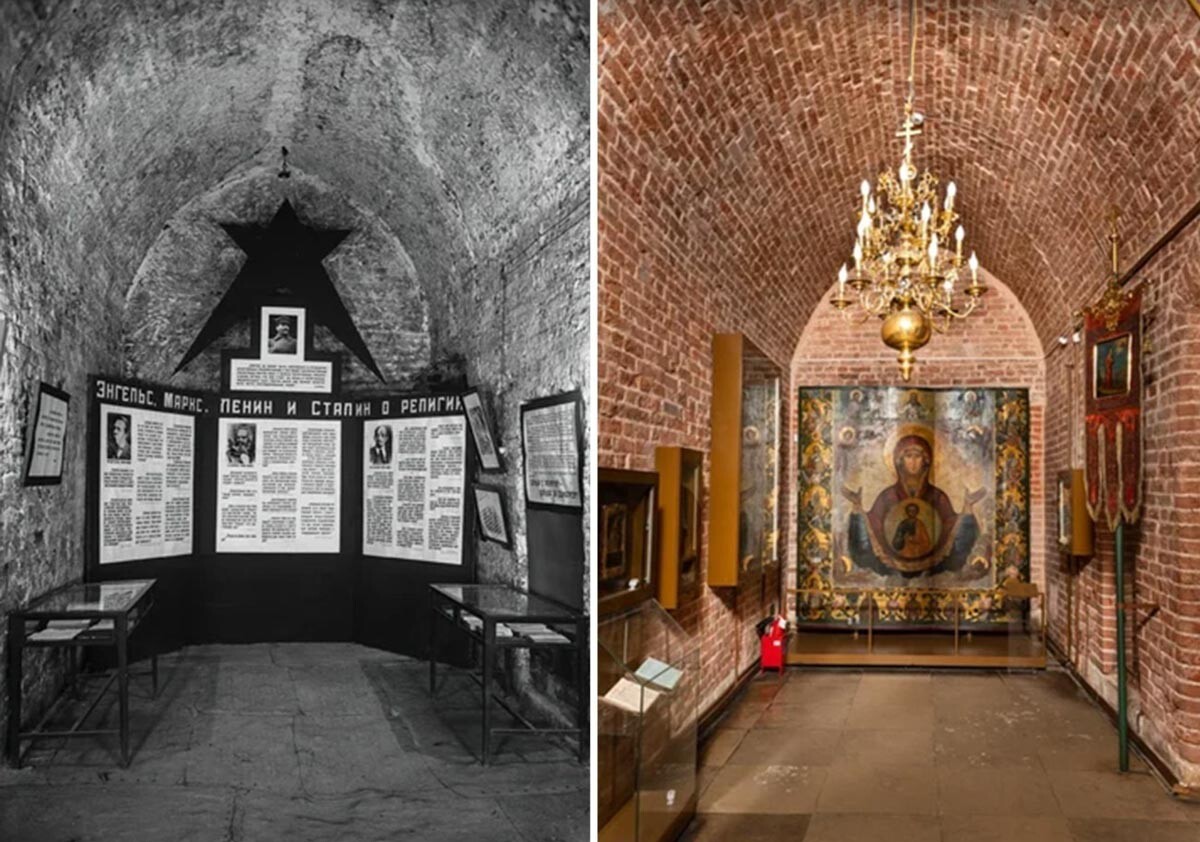 Inside St. Basil’s Cathedral in Moscow: during Soviet times (left), and today (right).