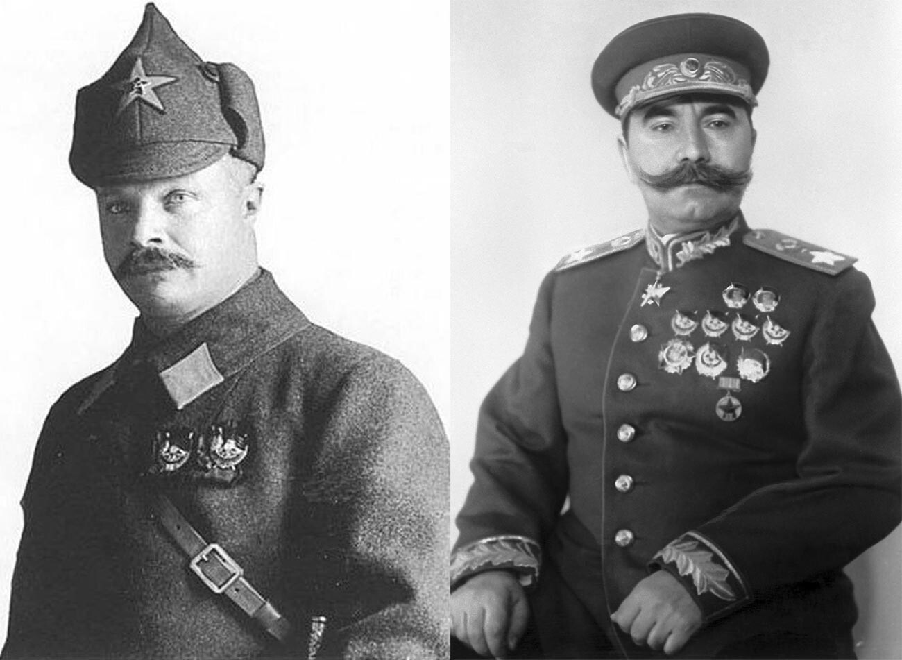 Слева: М. В. Фрунзе в «буденовке». Справа: С.М. Буденный в парадной форме образца 1943 года