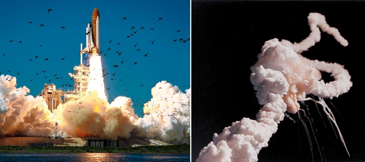 Der letzte Start der Challenger und der Moment der Explosion.
