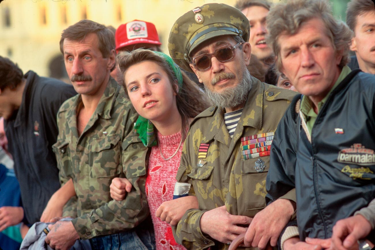 Demonstrators link arms on the Red Square in September 1991 as the Congress of People's Deputies meets in the Kremlin following a coup attempt against Mikhail Gorbachev.