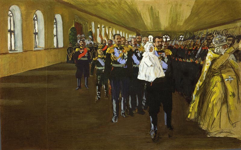 『皇帝ニコライ2世と皇子』、1905年、ボリス・クストーディエフ作