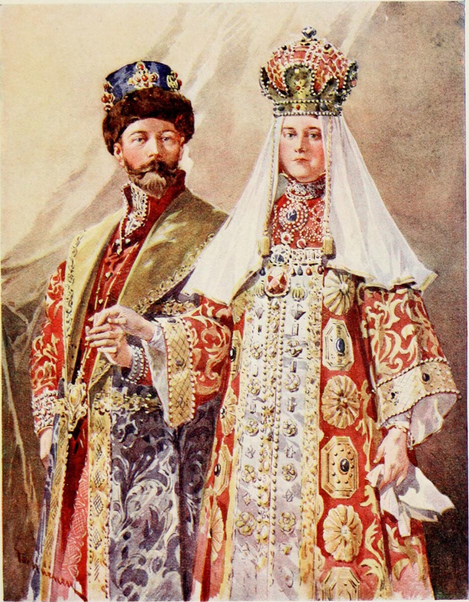 『古式衣装を着た皇帝ニコライ2世と皇后アレクサンドラ・フョードロヴナ』、1913年、フレデリック・デ・エネン作