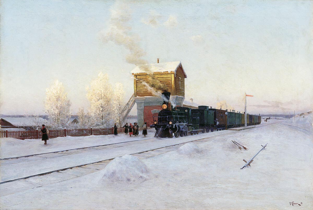 Vladimir Kazantsev. À la station. Matin d'hiver sur le chemin de fer de l'Oural, 1891.
