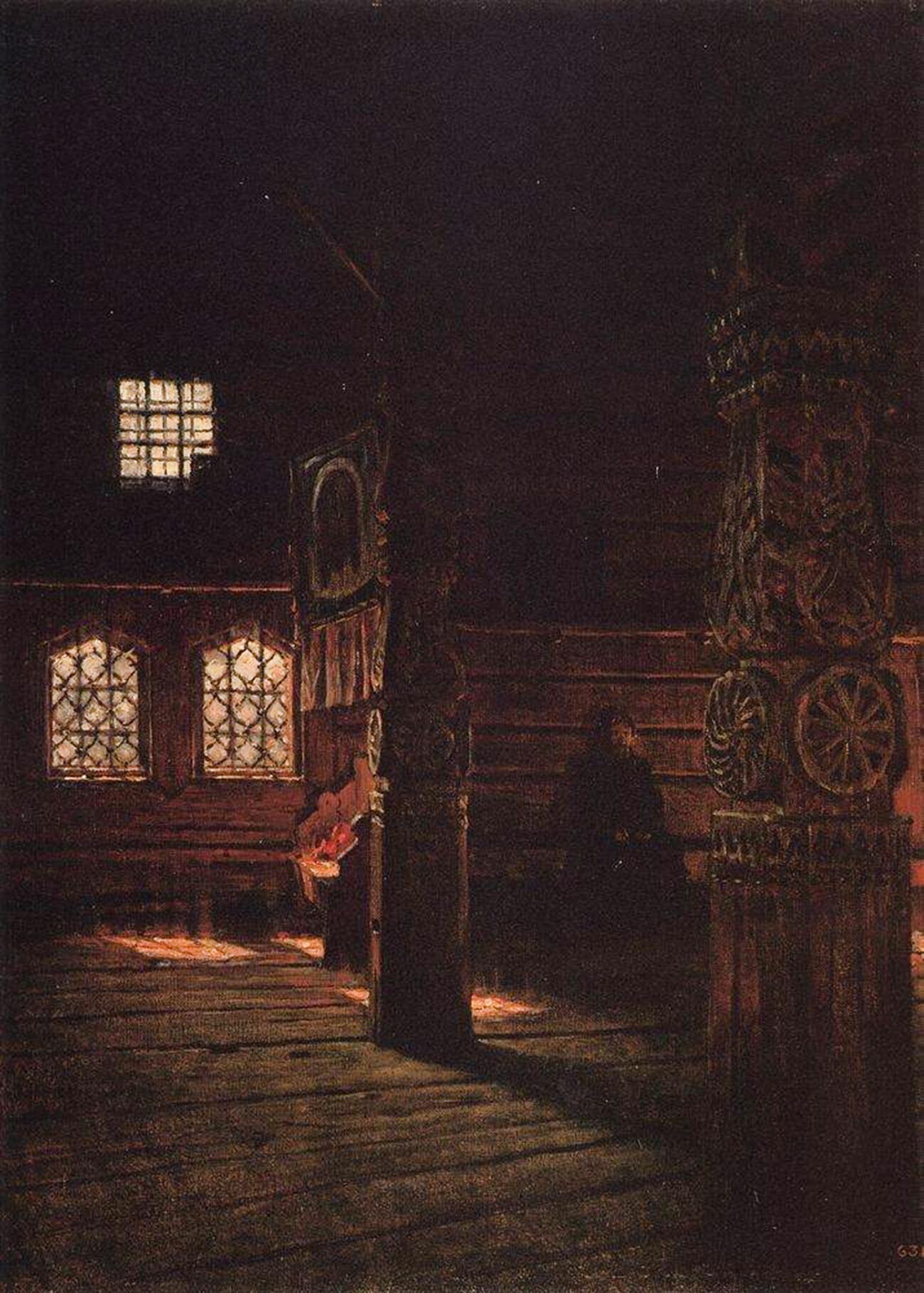 Pemandangan interior gereja kayu Pyotr dan Paul di Puchuga (1894).