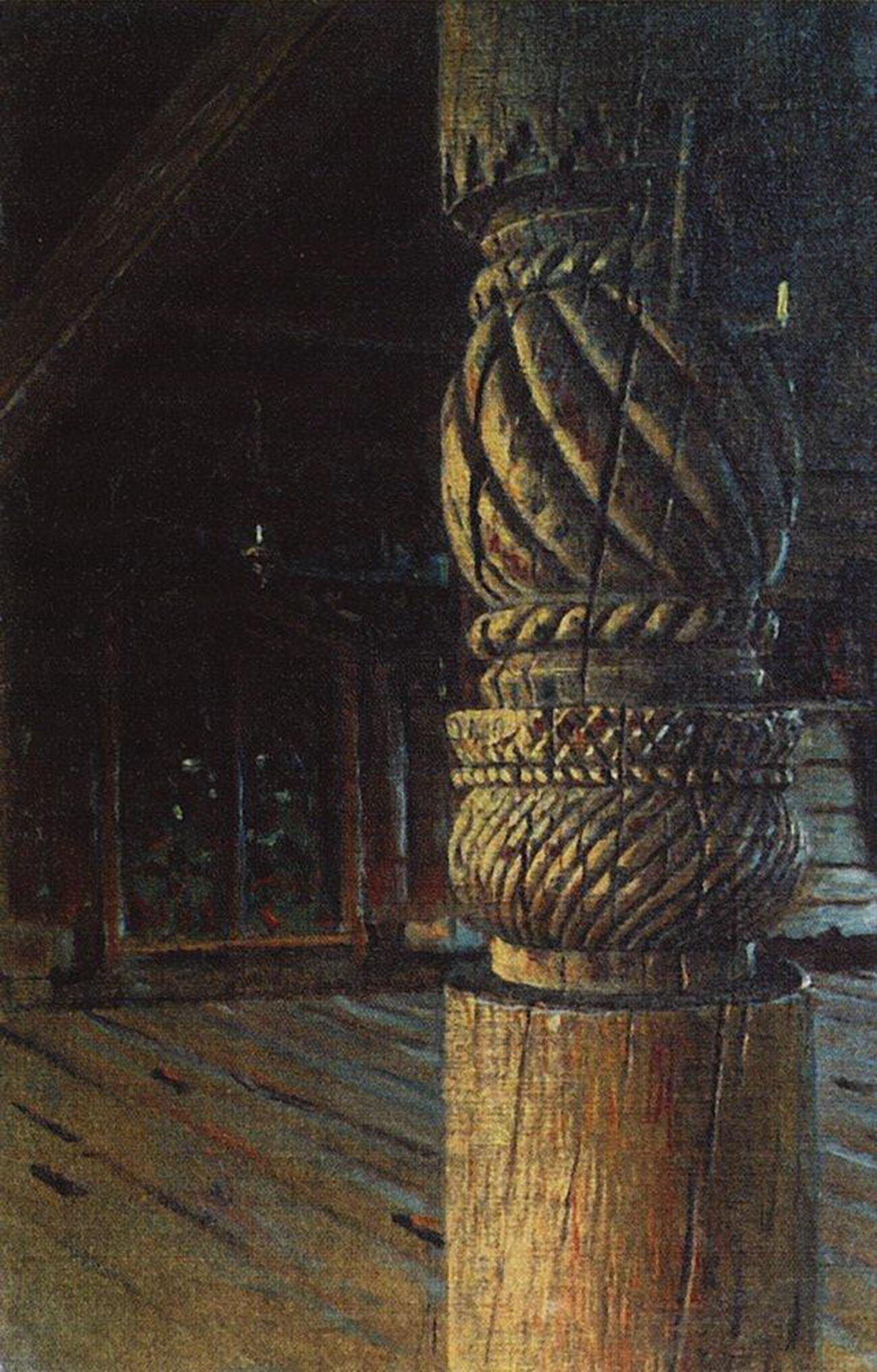 Kolom berukir di ruang makan Gereja Santo Petrus dan Paulus di desa Puchuga, Provinsi Vologda (1894).