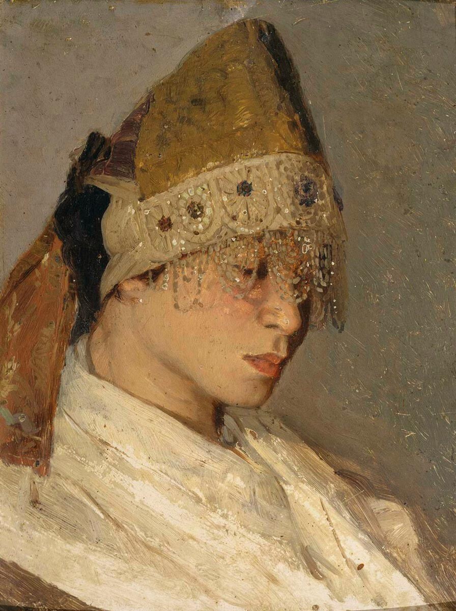 Mikhaïl Nesterov. Jeune femme au kokochnik. Portrait de M. I. Nesterova. 1885 