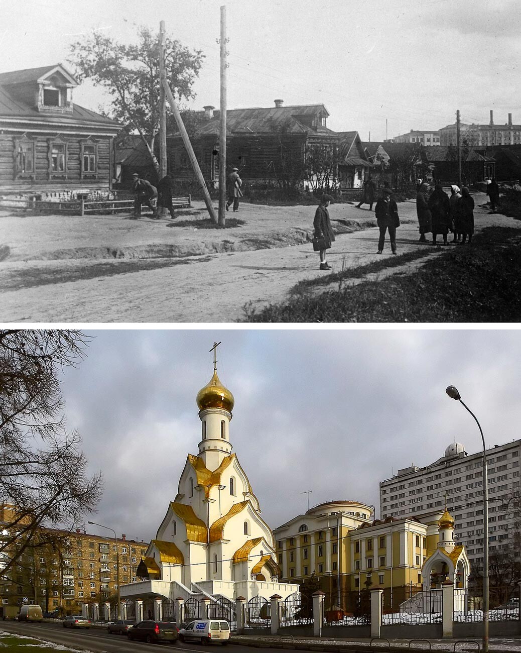 Esquerda: Aldeia de Kojukhovo em 1951; Direita: Igreja de Aleksandr Névski em Kojukhovo