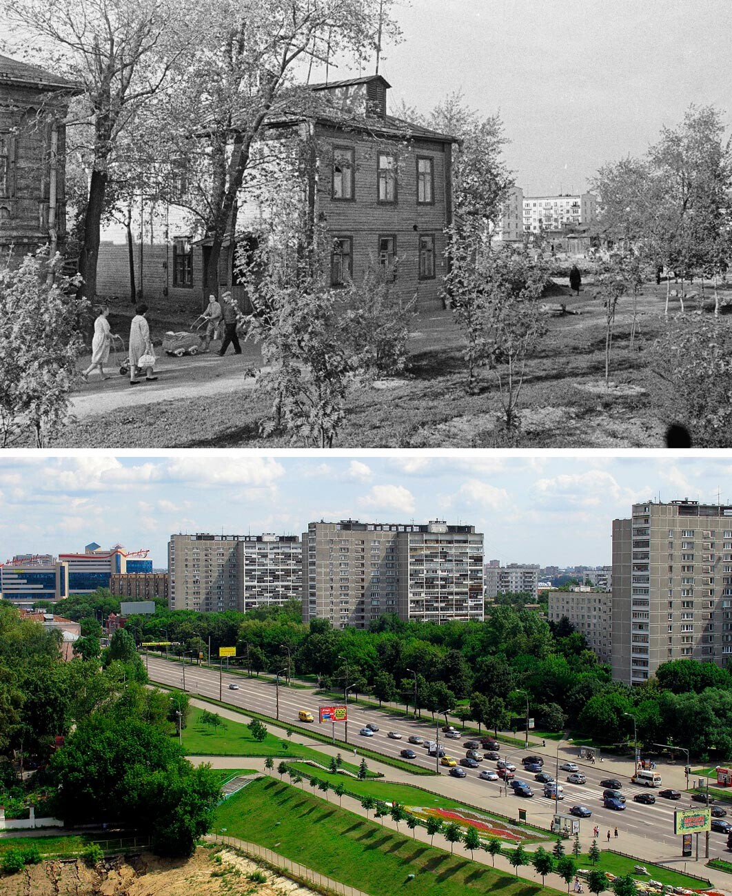 Esquerda: Casas antigas em Tcherkizovo, 1964; Direita: Rua Bolshaya Cherkizovskaya, 2009