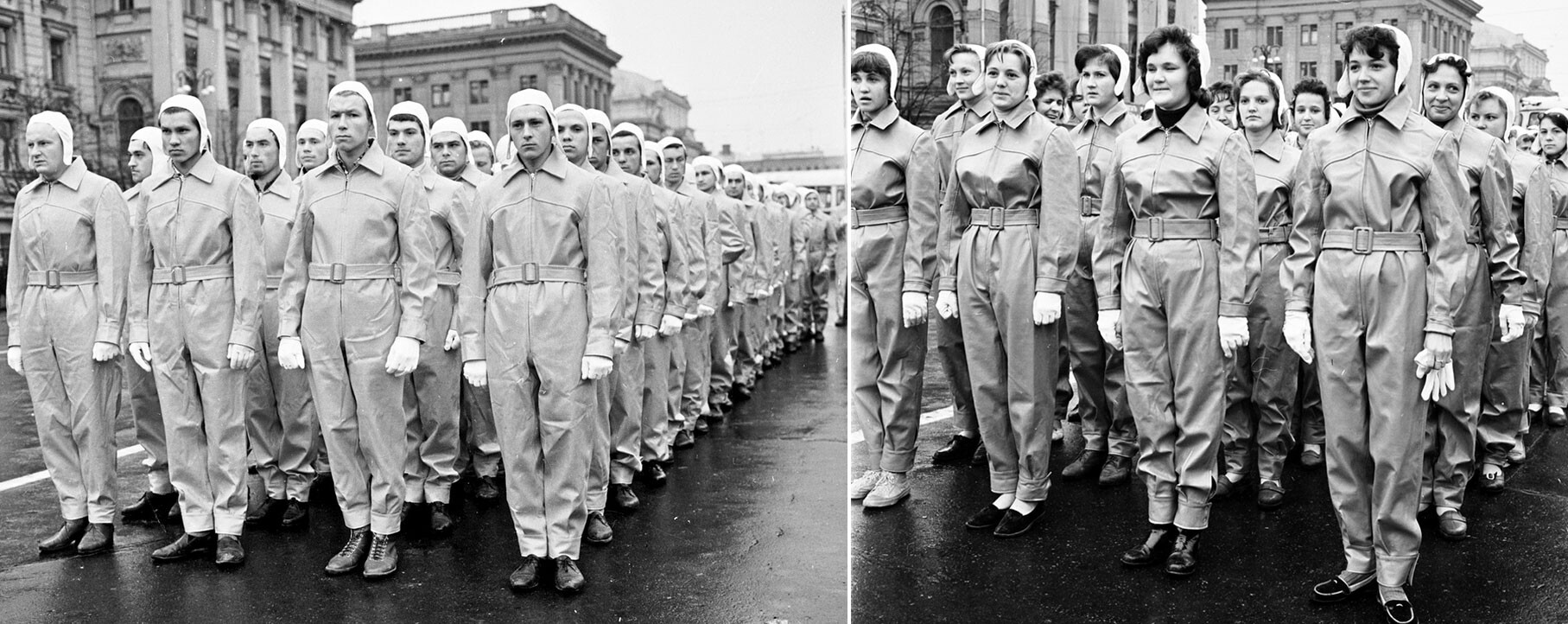 Des ouvriers d'usine ressemblant à des personnages de Star Wars font la queue pour la parade, 1963.

