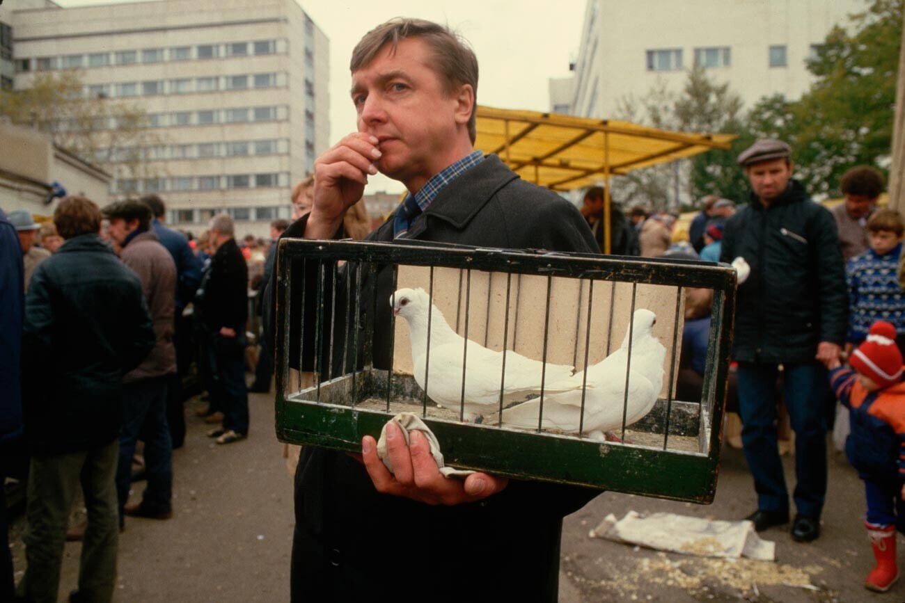 Seorang pria dengan sangkar merpati di pasar hewan di Moskow.
