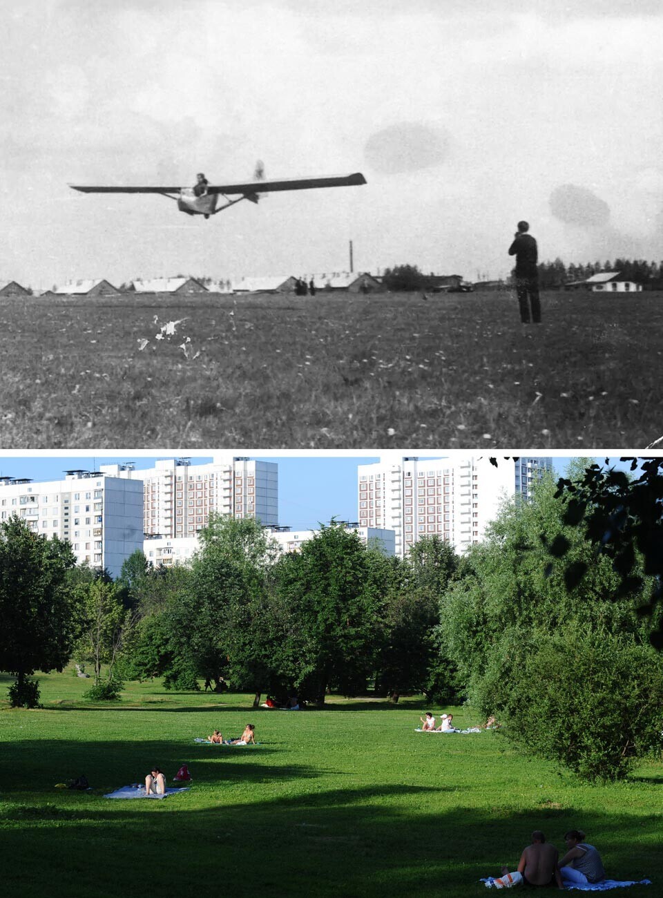 Oben: Flugplatz von Tschertanowo, Mitte 1960. Unten: Ein Park in Tschertanowo, 2010.