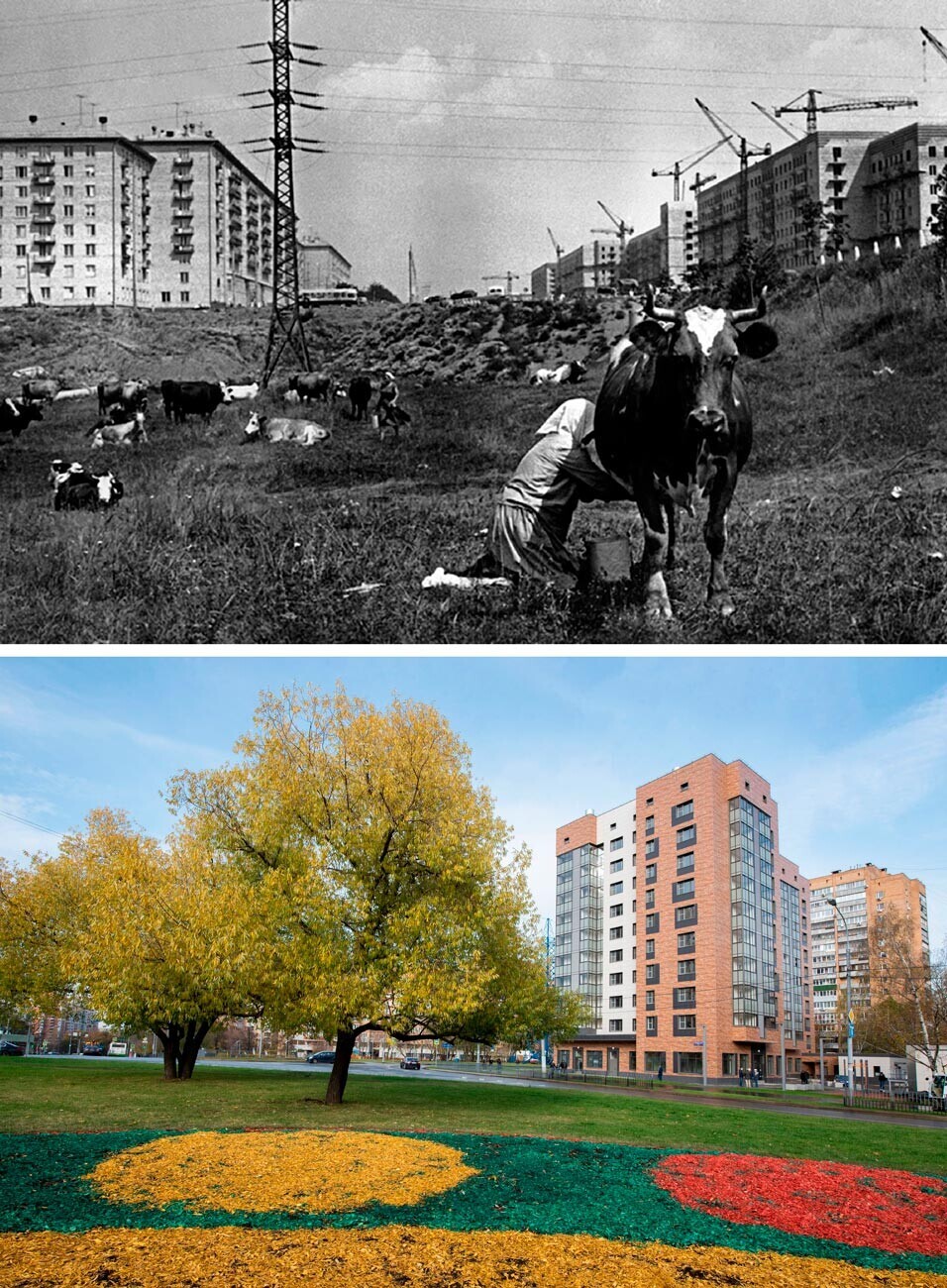 Oben: Das Dorf Tscherjomuschki, 1954. Unten: Ein neues Haus in Tscherjomuschki, das an der Stelle der alten Plattenhäuser gebaut wurde, 2020.