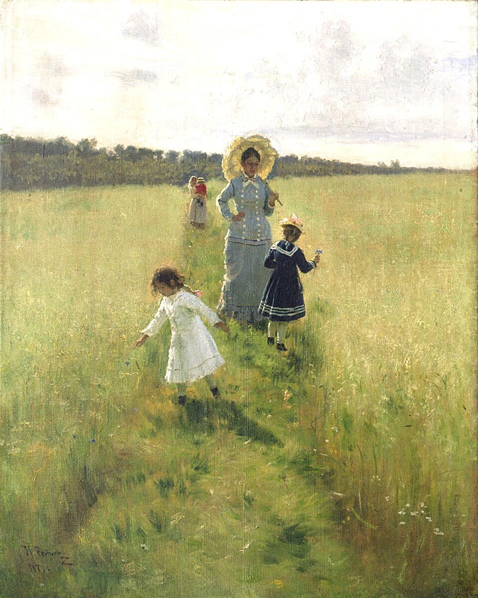 Sur la dérayure. V. A. Répine avec des enfants sur la dérayure (1878), Ilia Répine 