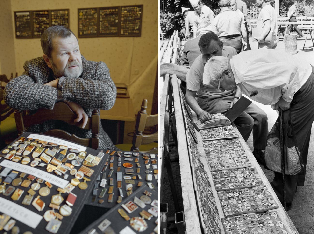 Left: A journalist from Samara with his collection of badges devoted to media.  Right: A meeting of collectors at one Leningrad park.