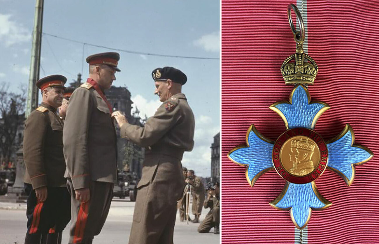 Фелдмаршалот Монтгомери му доделува орден на маршалот К. Рокосовском во Берлин // Орден на Британската империја

