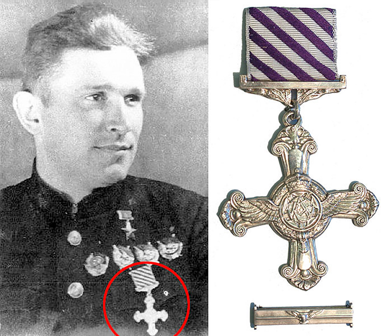 Podpolkovnik Boris Safonov, poveljnik 2. gardnega bojnega letalskega polka Rdečega prapora, ki je 19. marca 1942 prejel križ za izredne letalske zaslusluge. /Križ za izredne letalske zasluge