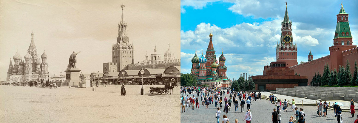 Kiri: pasar sementara dekat tembok Kremlin, tahun 1886. Kanan: Lapangan Merah di zaman sekarang.