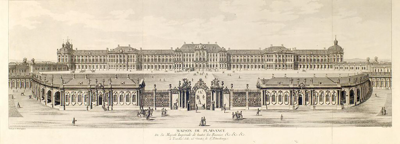 Gran Palacio de Tsárskoye Seló 1755-1761. Grabado según el dibujo de M. Majáiev