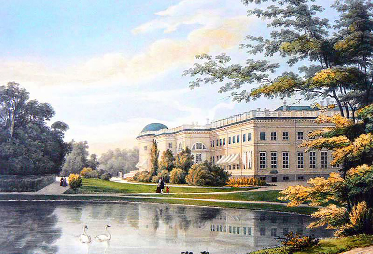 Grabado 'La fachada del jardín del Palacio de Alejandro en Tsárskoie Seló', 1840.
