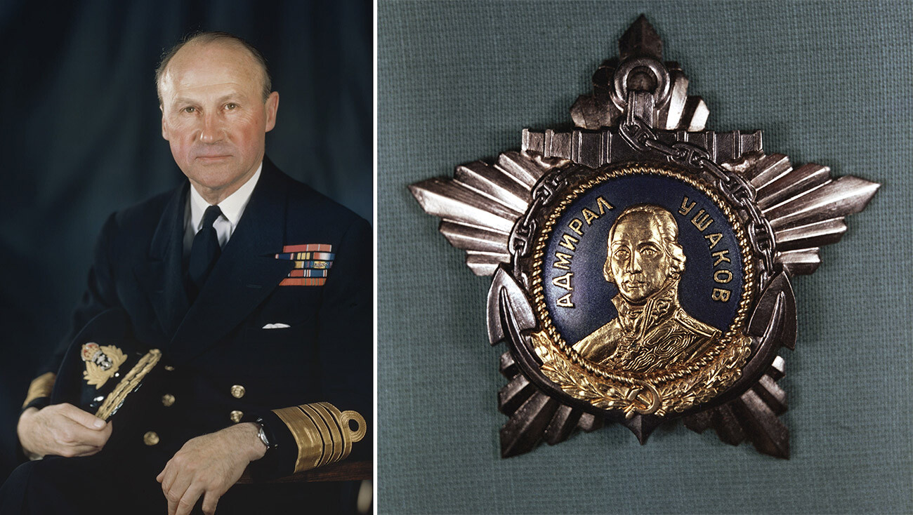 Almirante Sir Bertram Ramsay, comandante naval en Jefe de las Fuerzas Expedicionarias Aliadas // Orden de Ushakov, Primera Clase. La Orden se concedió por primera vez el 16 de mayo de 1944.