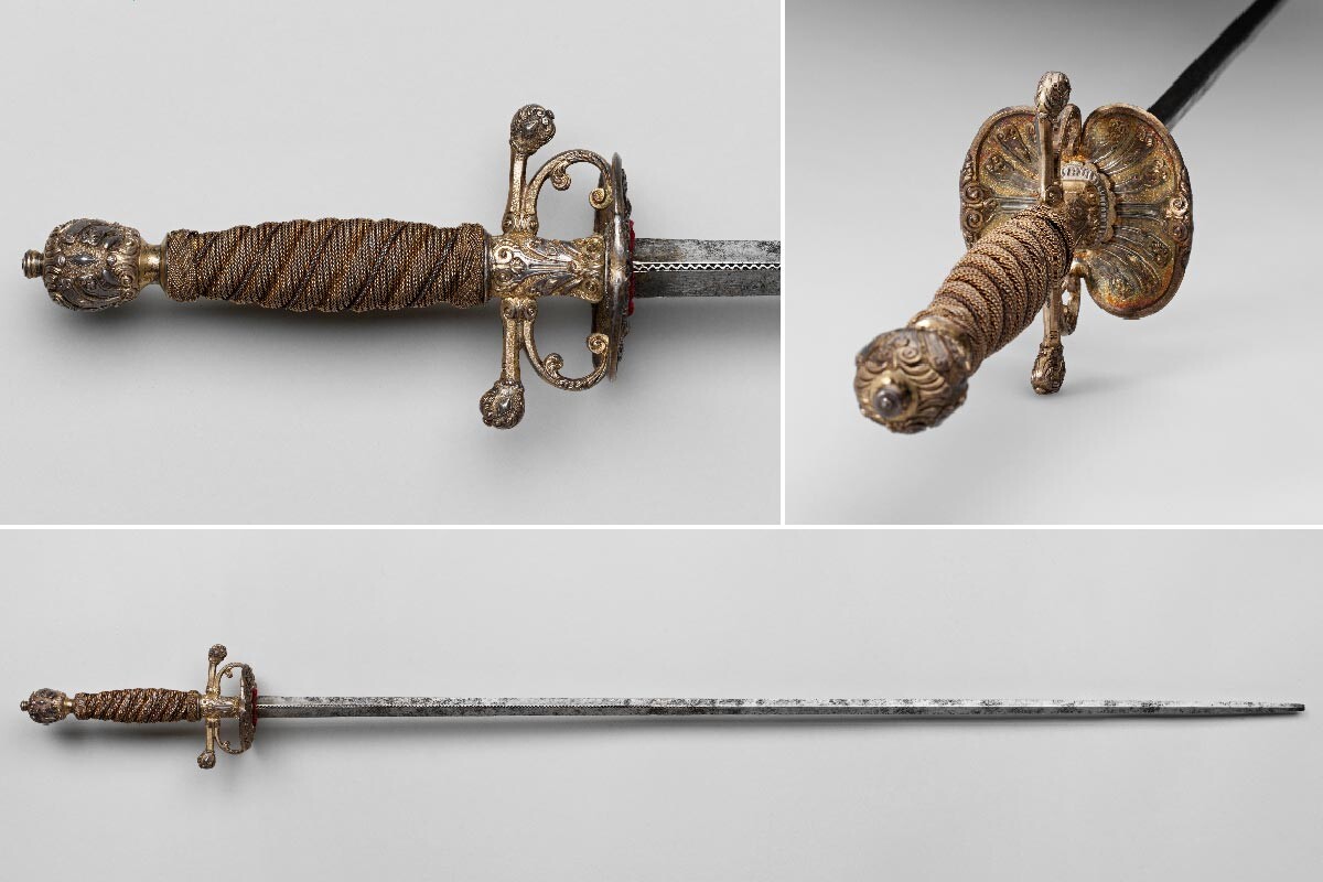 Épée. Hollande, Amsterdam, fin du XVIIe siècle. Acier, argent, alliage de cuivre; forgeage, sculpture, moulage.