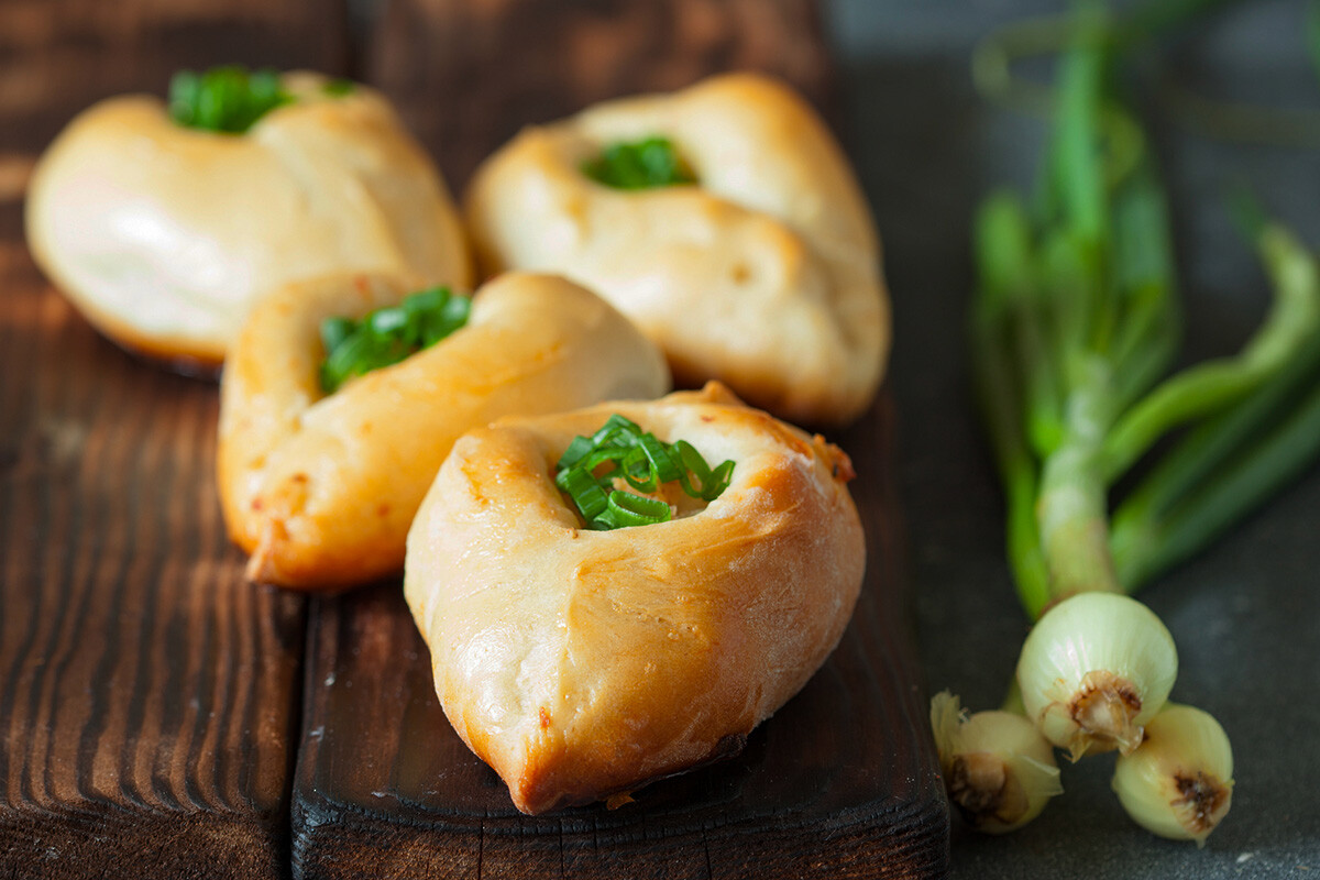 Rasstegai, popular appetizer on a Russian table.