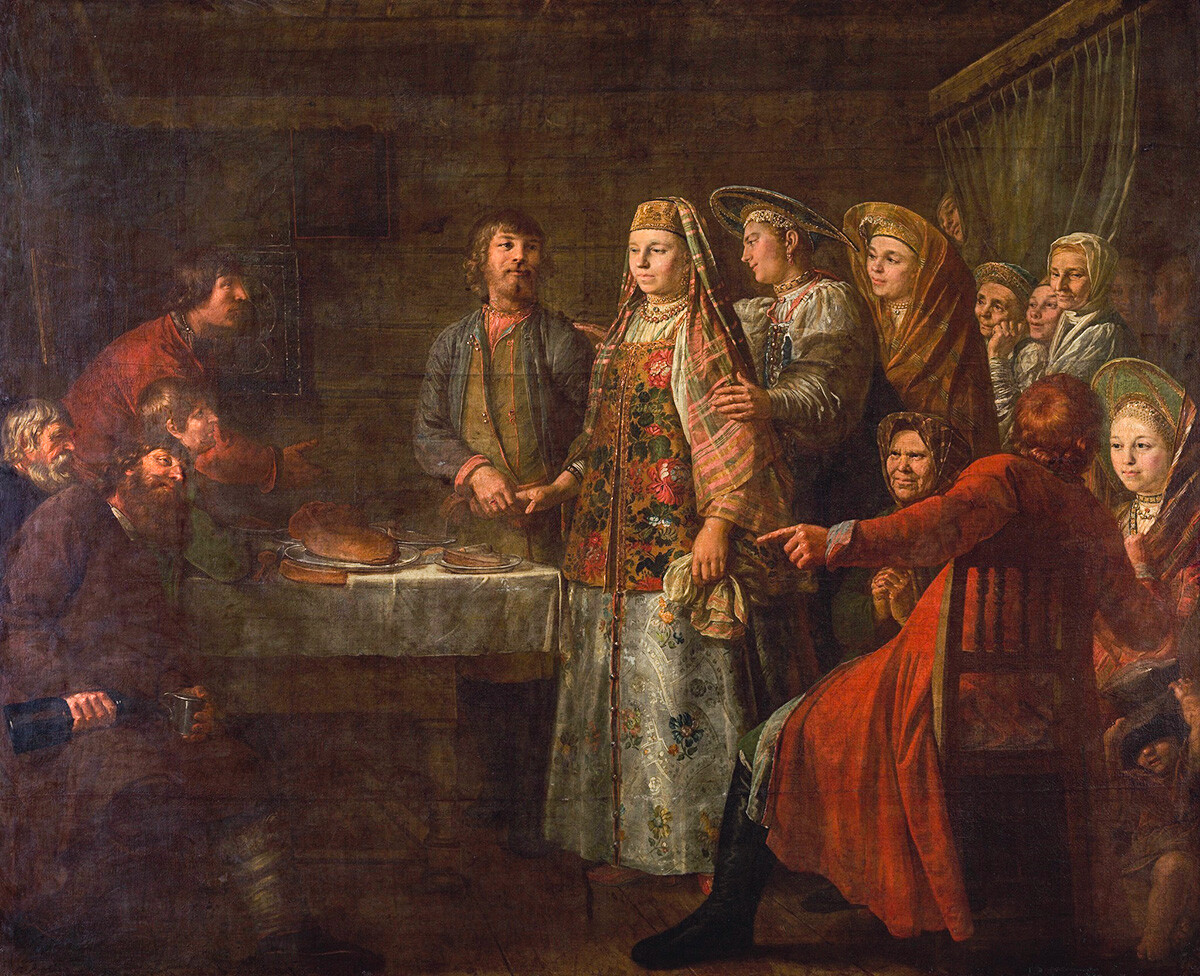 Mijaíl Shibanov. La celebración del contrato de boda. 1777.