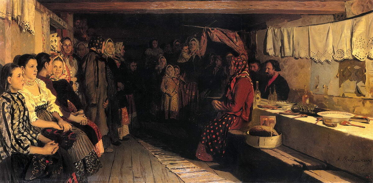 Andrei Riábushkin. Esperando la coronación de los recién casados en la provincia de Nóvgorod, 1891.