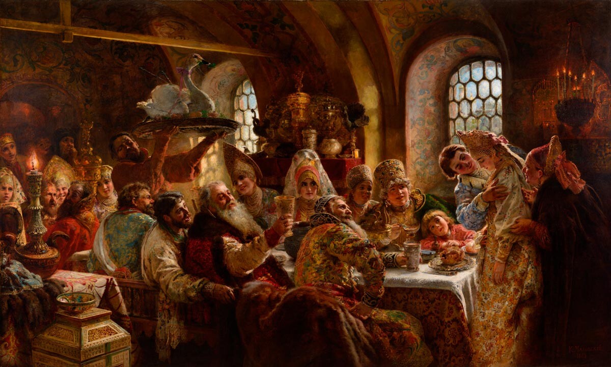 Vladímir Makovsky. Un banquete de bodas de boyardos, 1883