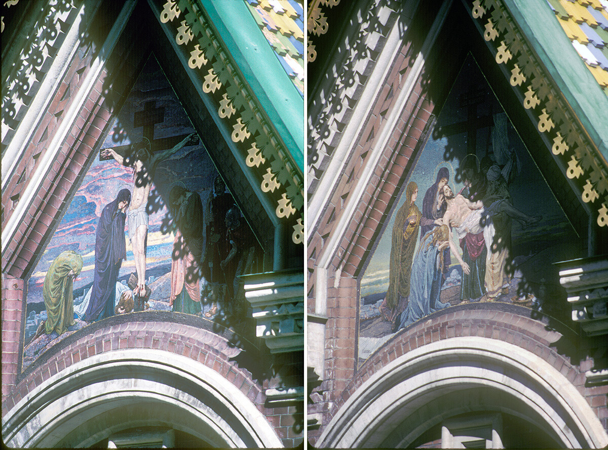 A sinistra: portico nord-ovest, pannello della Crocifissione di V. M. Vasnetsov. A destra: portico sud-ovest, pannello 