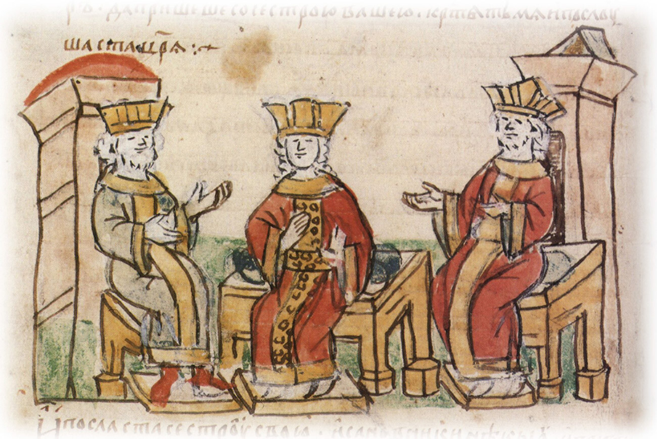 Basil II and Constantine VIII persuading Anna to marry Vladimir of Kiev. An illustration for the Radzivill Chronicle, 15th century 