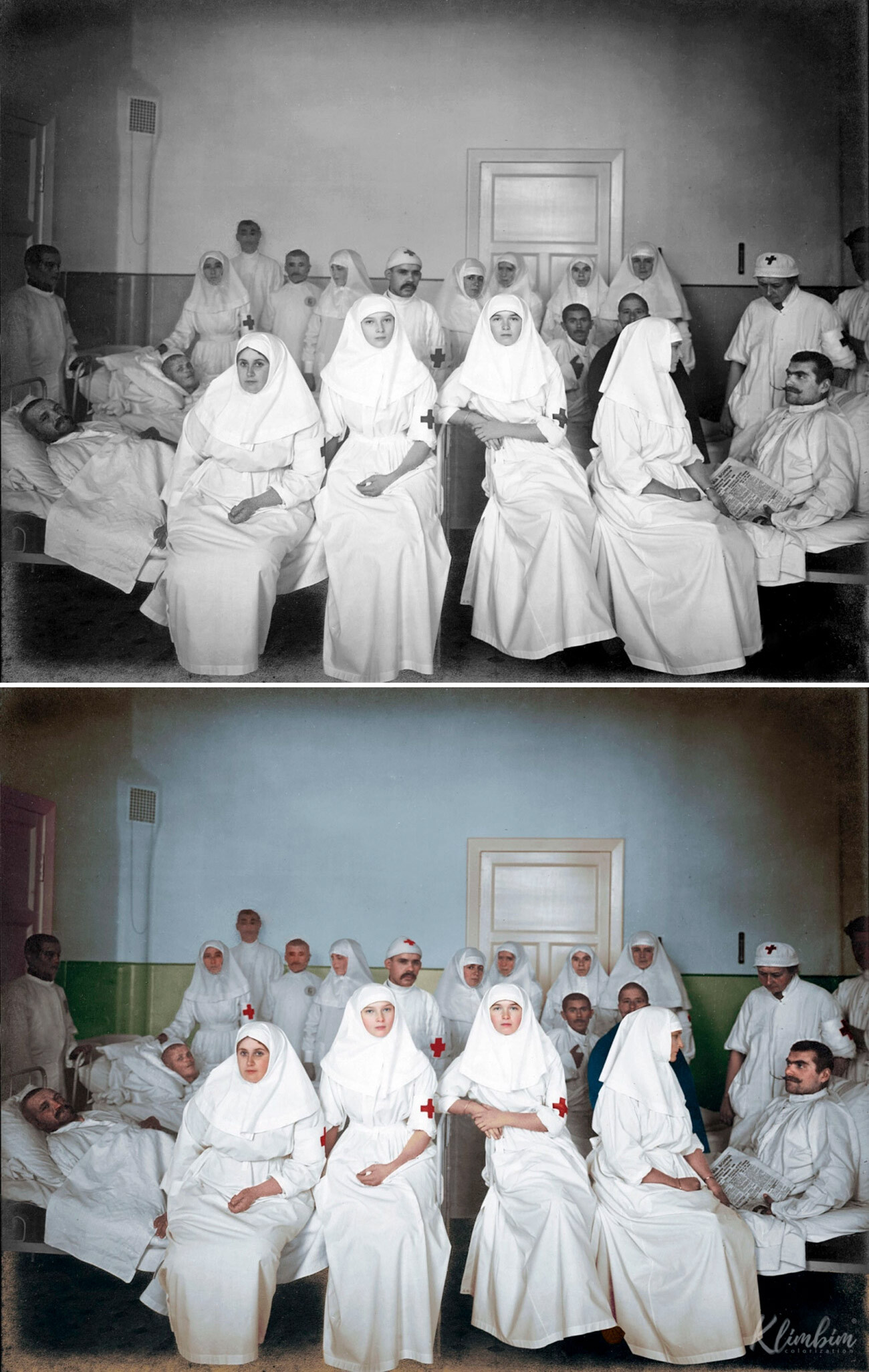 Olga et Tatiana (au centre) ont travaillé comme sœurs de la miséricorde pendant la Première Guerre mondiale. À la demande de l'empereur, une infirmerie pour les blessés a été aménagée dans les couloirs du palais de Tsarskoïé Selo.