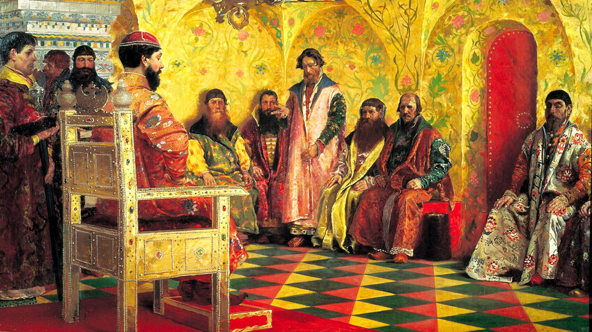 El zar Mijaíl Fiódorovich sentado con los boyardos en la habitación de su soberano (1893) Andrei Petrovich Riábushkin
