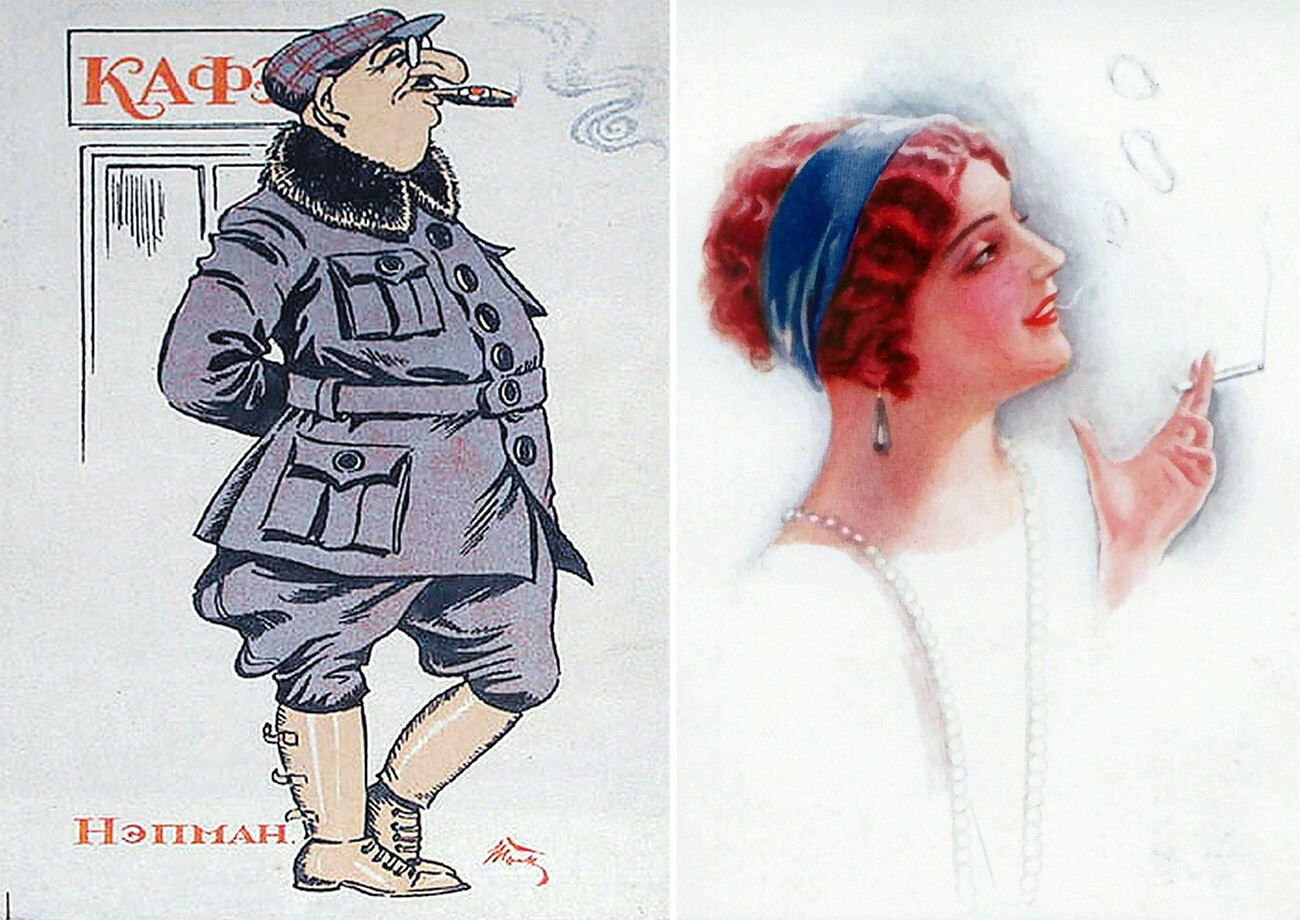 Caricature of a NEPman (left), a postcard of the NEP times (right)