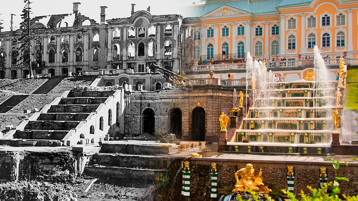 Sebuah kolase menunjukkan Istana Agung Peterhof setelah pendudukan Nazi dan setelah restorasi.