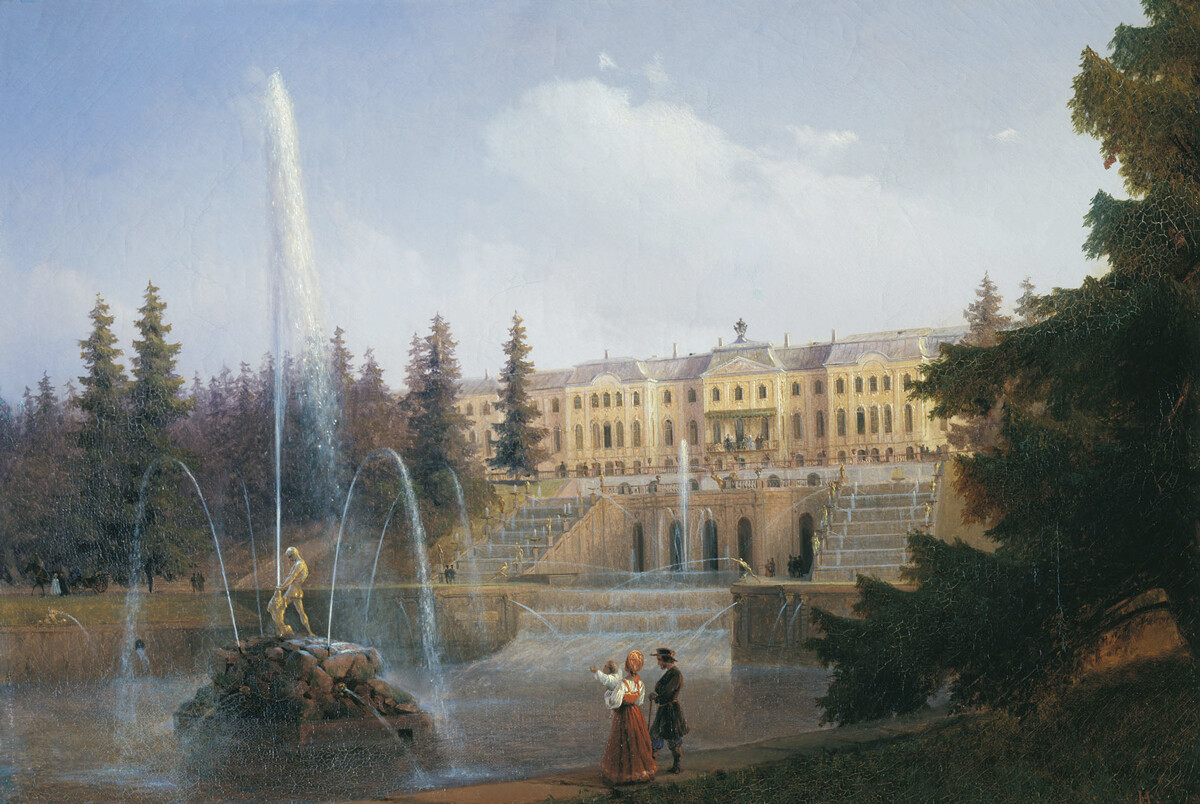 Il dipinto di Ivan Aivazovskij “Vista della Grande Cascata e del Gran Palazzo di Peterhof”, 1837