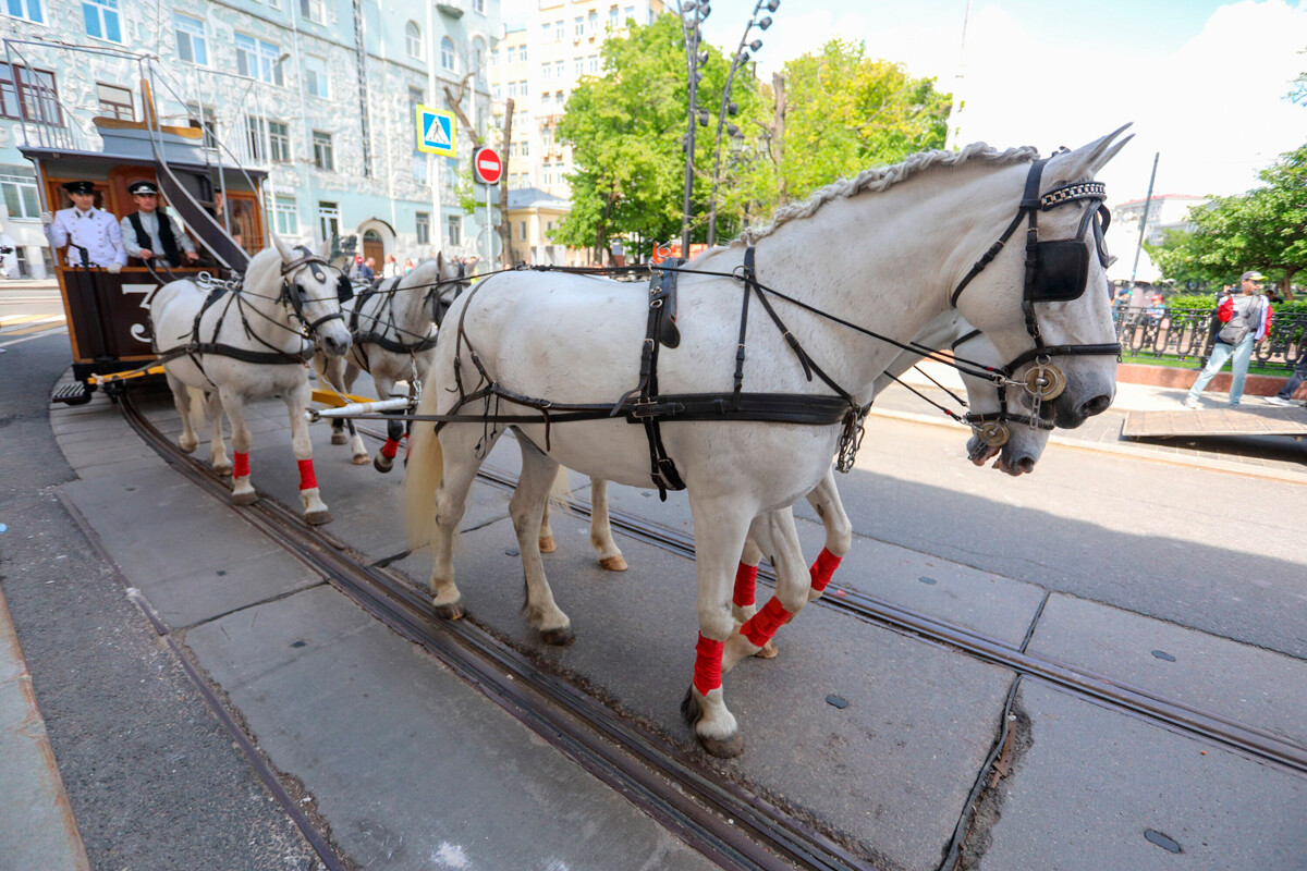Le réseau de tramway de Moscou a été lancé en 1872 et, au début, il s’agissait d’un transport hippomobile, qui a fonctionné jusqu'en 1911. Le 4 juin 2022, 150 ans plus tard, ce tramway rétro tiré par des chevaux était en tête du défilé des transports rétro à Moscou.