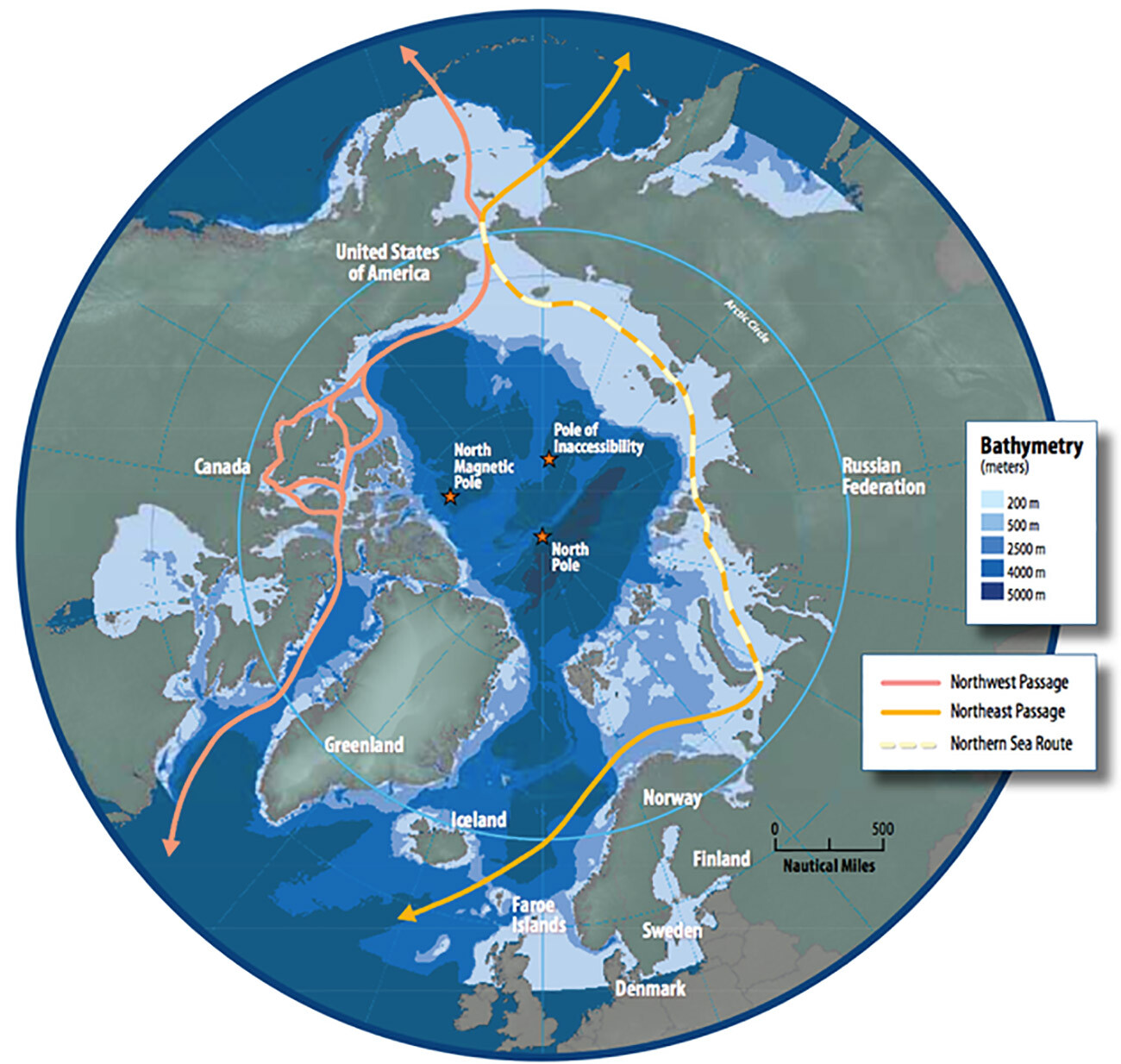 Karte der arktischen Region mit den Schifffahrtswegen der Nordostpassage, der Nördlichen Seeroute und der Nordwestpassage sowie mit der Bathymetrie. 