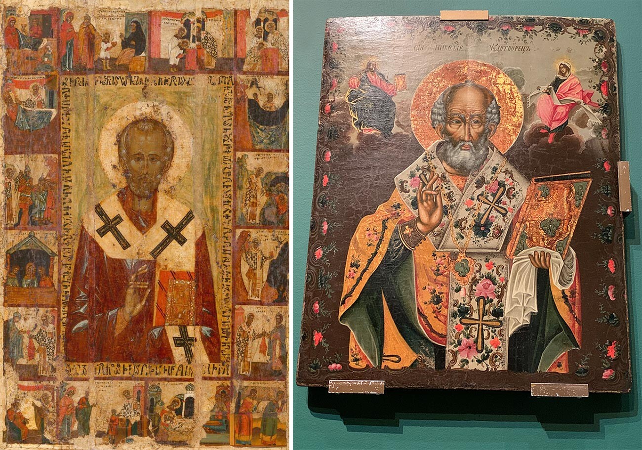 Pictured left: St. Nicholas the Wonderworker with hagiographical images. Late 14th century. Pictured right: St. Nicholas the Wonderworker, second half of 18th century. Moscow