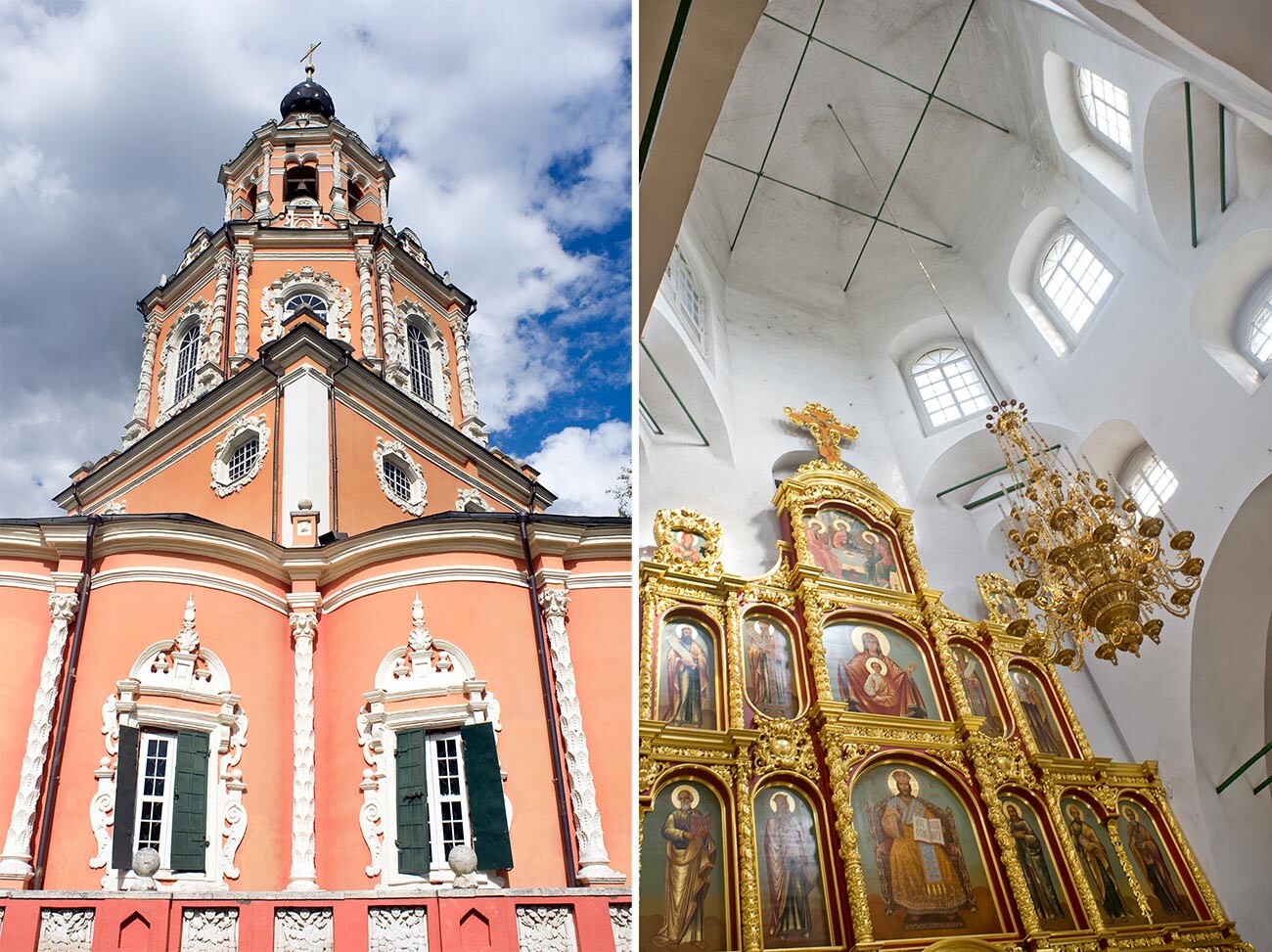 Left: Ubory. Church of the Miraculous Icon of the Savior, southwest view. 
Right: Interior view with icon screen & tower vault. August 16, 2013