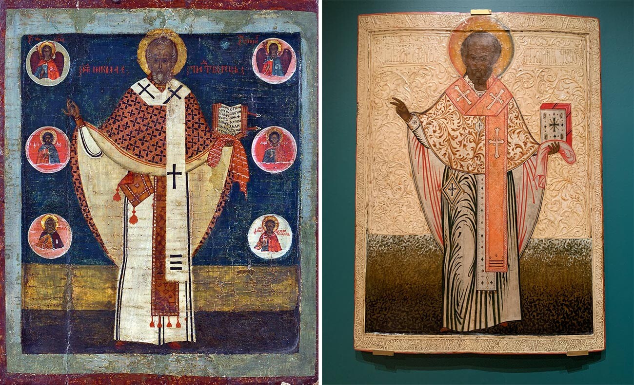 A sinistra: “Nicola di Zarajsk”, seconda metà del XVI secolo (Galleria Tretjakov). A destra: “Nicola di Zarajsk”, regione del Volga, XVII secolo (Collezione di icone russe con il sostegno della Fondazione Andrea Apostolo)
