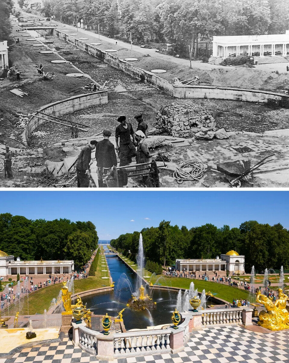 Die Grand Cascade Fountain im Jahr 1946 und heute.
