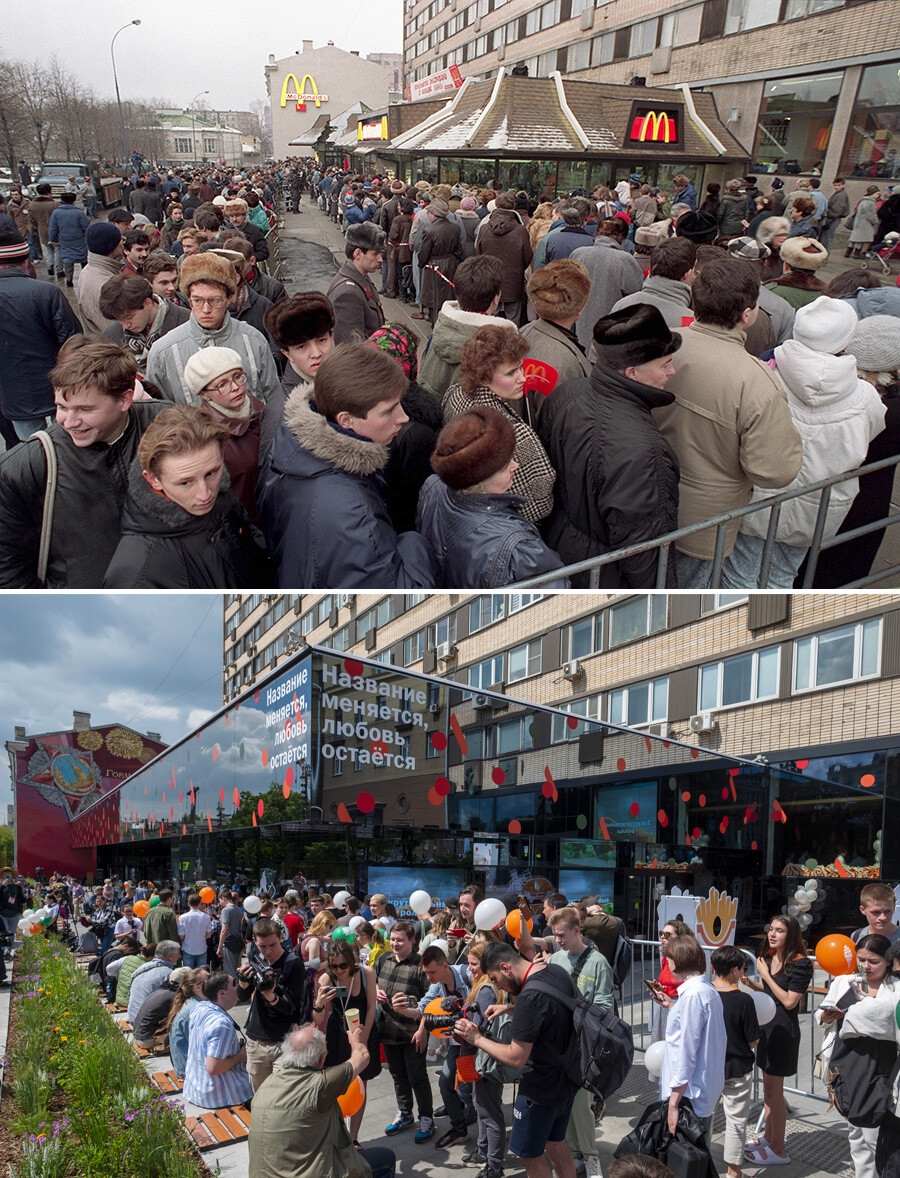 上：ソ連のマクドナルド第1号店のオープン、モスクワにて、1990年、下：「おいしい―それだけ」のオープン、2022年