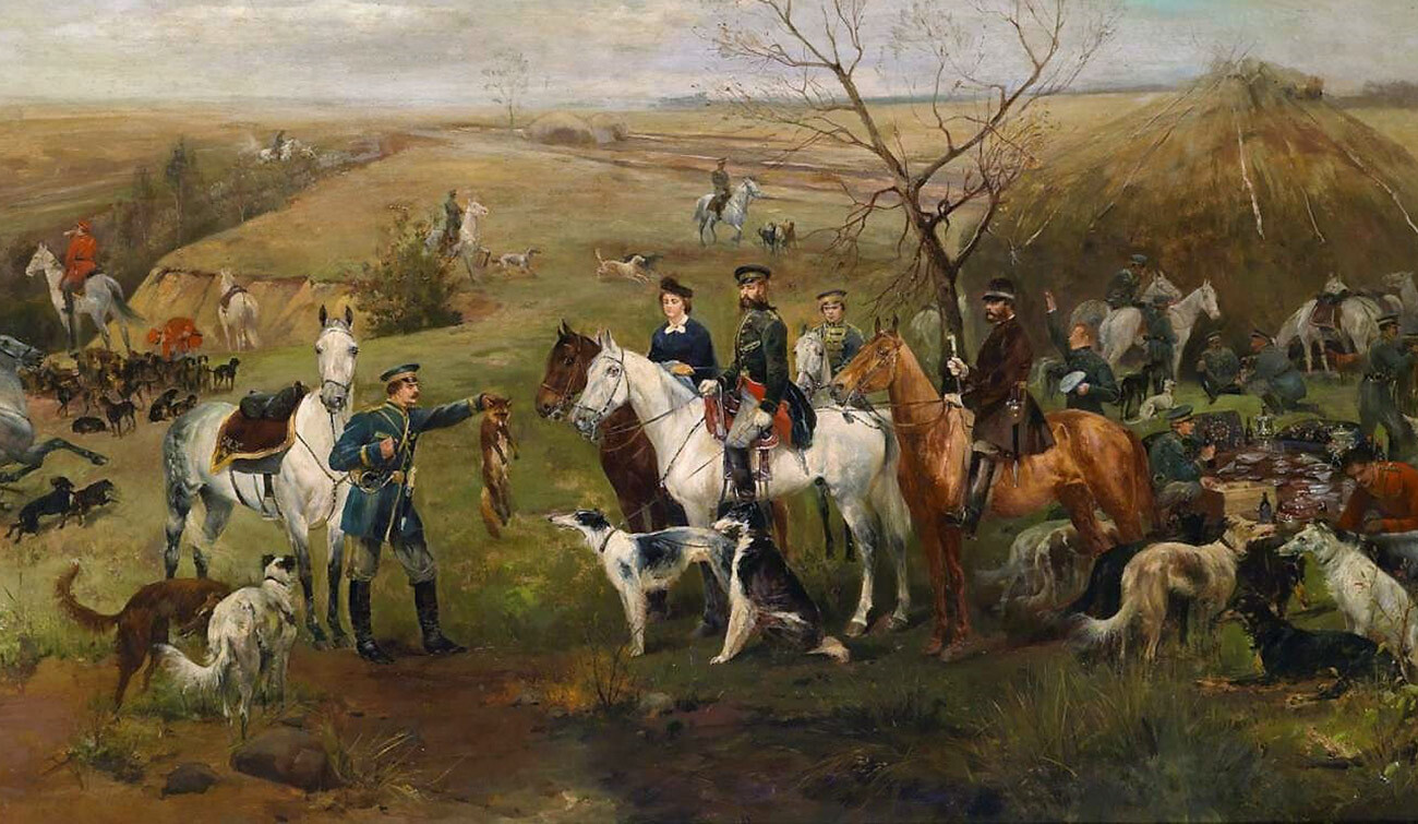 Festa da caça com o imperador Alexandre 3° e a imperatriz Maria Feodorovna.