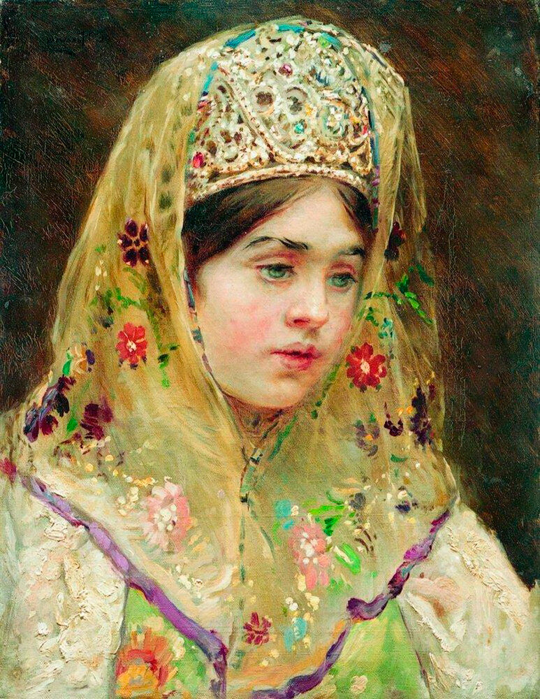 Constantin Makovski. Portrait d'une jeune femme en costume russe, 1910
