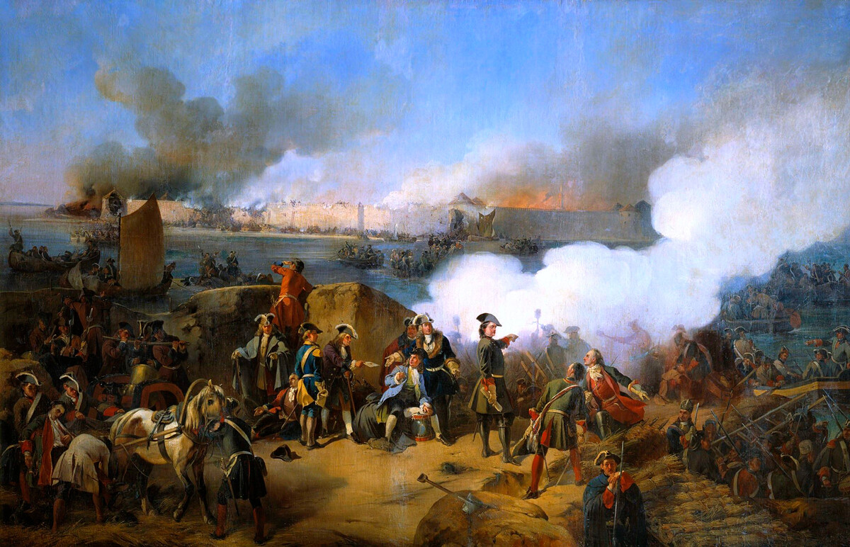 Ruske trupe predvođene Petrom Prvim jurišaju na švedsku tvrđavu Nöteborg, listopad 1702., Aleksandar Kocebu (1846.)