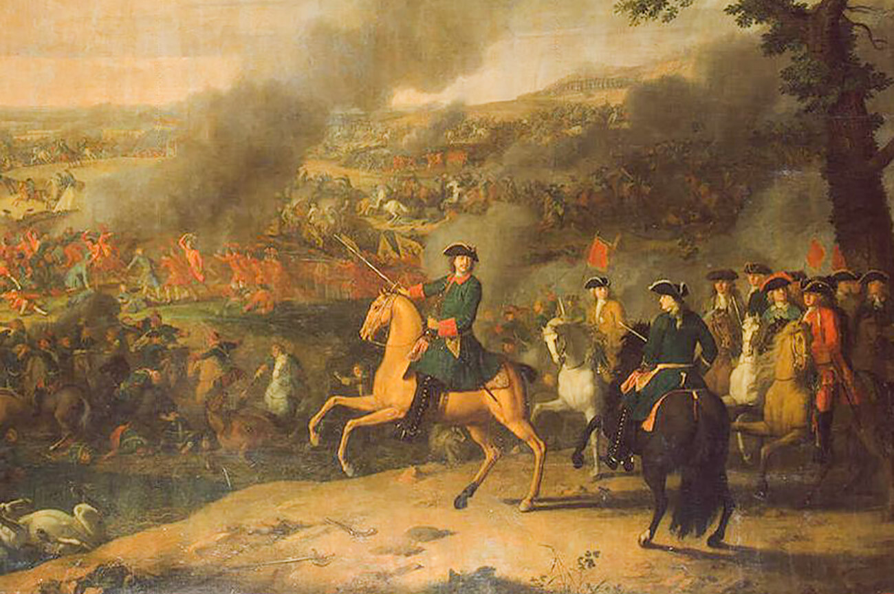 Louis Caravaque. Schlacht von Poltawa im Jahr 1709. Zar Peter I. von Russland ist auf einem Pferd abgebildet.