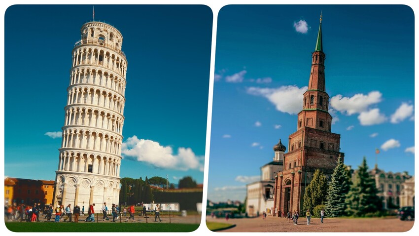 A sinistra, la Torre di Pisa; a destra, la Torre Sjujumbike di Kazan