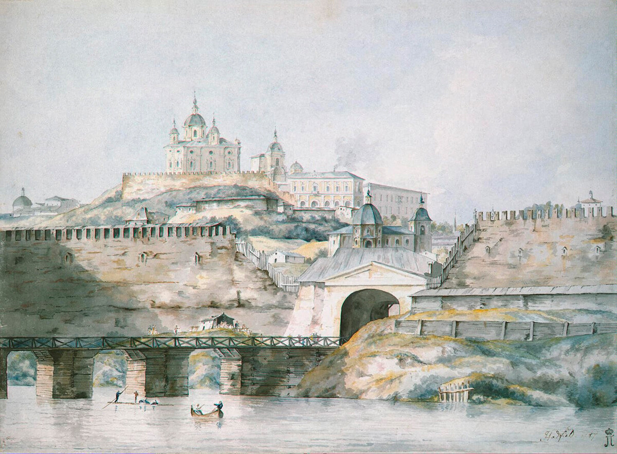 Ansicht der Stadt Smolensk, 1787. Gefunden in der Sammlung der Staatlichen Eremitage, St. Petersburg.