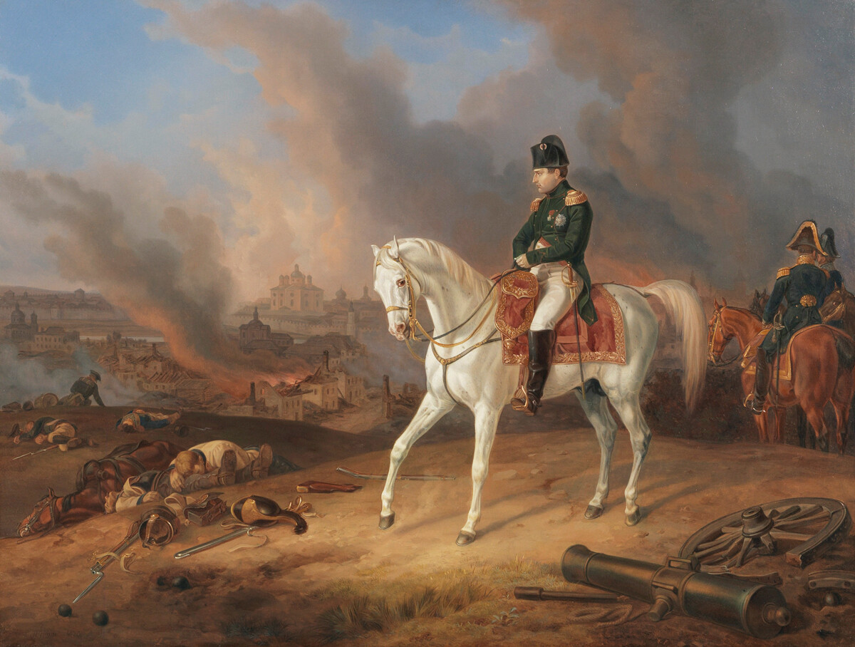 Napoleon in front of the burning Smolensk (1812), Albrecht Adam, 1836 / Ketterer Kunst.